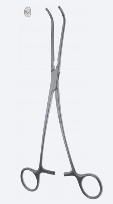 Зажими, хірургічні, судинні, "De Bakey-Harken", зубці "De Bakey", вигнуті, з кремальєрою, загальна довжина 235 мм. Бренд - Asanus Medizintechnik Gmb, Німеччина